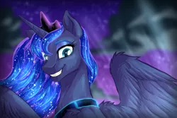 Size: 1500x1000 | Tagged: safe, artist:not-ordinary-pony, derpibooru import, princess luna, alicorn, pony, derpibooru exclusive, diadem, ethereal mane, female, glowing mane, image, mare, peytral, png, smiling, solo, starry mane