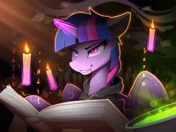 Size: 2300x1731 | Tagged: safe, artist:yakovlev-vad, derpibooru import, twilight sparkle, twilight sparkle (alicorn), alicorn, pony, blood, book, candle, clothes, fangs, female, fire, glowing horn, halloween, holiday, hoodie, horn, image, magic, mare, png, potion, smiling, smirk, solo, telekinesis, witch