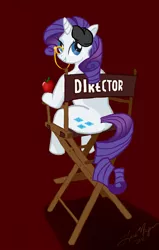 Size: 1200x1885 | Tagged: safe, artist:jesustheatheist, artist:laramagyar, banned from derpibooru, deleted from derpibooru, derpibooru import, rarity, pony, unicorn, fanfic, apple, beret, chair, director, director rarity, director's chair, fanfic art, female, food, hat, image, jpeg, looking at you, looking back, looking back at you, mare, monocle, sitting, solo