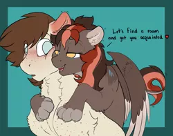 Size: 2265x1788 | Tagged: suggestive, artist:cold blight, derpibooru import, oc, oc:chestnut, oc:cloudjumper, unofficial characters only, earth pony, pony, sphinx, blushing, dialogue, earth pony oc, floppy ears, hug, image, leonine tail, paws, png, simple background, sphinx oc, wings