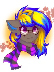 Size: 1200x1600 | Tagged: safe, artist:falafeljake, derpibooru import, oc, oc:rapid shadow, unofficial characters only, pony, unicorn, autumn, clothes, ear fluff, glasses, happy, image, jpeg, leaves, male, scarf, simple background, smiling, stallion, warm
