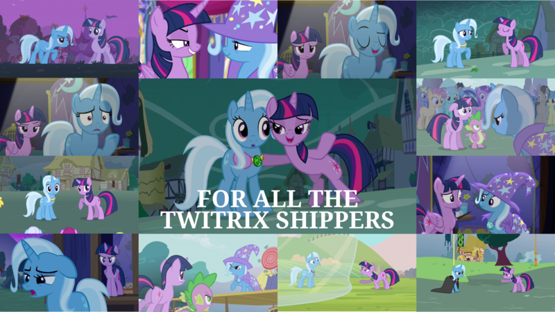 Size: 1974x1110 | Tagged: safe, derpibooru import, edit, edited screencap, editor:quoterific, screencap, amethyst star, candy mane, cherry cola, cherry fizzy, doctor whooves, lemon hearts, lyra heartstrings, minuette, ponet, rainbowshine, spike, time turner, trixie, twilight sparkle, twilight sparkle (alicorn), alicorn, dragon, earth pony, pony, unicorn, boast busters, magic duel, no second prances, angry, female, image, lesbian, png, shipping, twixie, unicorn twilight