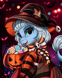 Size: 2550x3209 | Tagged: safe, artist:pridark, derpibooru import, part of a set, oc, unofficial characters only, pony, candy, clothes, commission, food, halloween, hat, high res, holiday, image, jack-o-lantern, png, pumpkin, socks, solo, striped socks, unknown species, witch hat, ych result