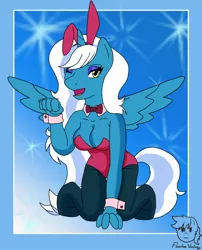 Size: 1914x2372 | Tagged: suggestive, derpibooru import, oc, oc:fleurbelle, alicorn, anthro, pony, alicorn oc, bow, bowtie, breasts, bunny ears, bunny suit, clothes, cuffs, female, horn, image, jpeg, mare, one eye closed, wings, wink, winking at you, yellow eyes