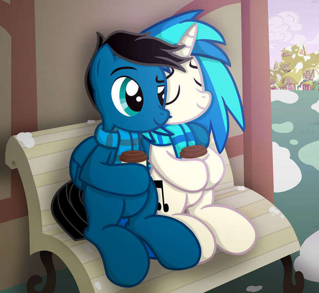 Size: 7200x6600 | Tagged: safe, artist:agkandphotomaker2000, derpibooru import, vinyl scratch, oc, oc:pony video maker, pegasus, pony, unicorn, bench, building, canon x oc, coffee, coffee cup, coffee stop, complex background, cup, female, hoof on shoulder, image, male, png, ponyville, shipping, show accurate, sitting, snow, snuggling, straight, videoscratch, winter