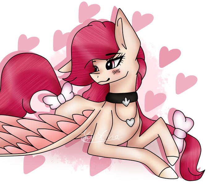 Size: 1600x1400 | Tagged: safe, artist:krissograph, derpibooru import, oc, oc:rose blossom, pegasus, blushing, heart, image, jpeg, looking back, lying down, one ear down, pegasus oc, solo, wings