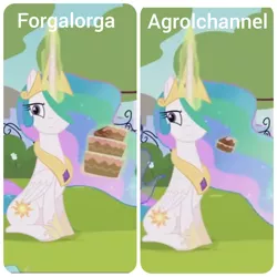 Size: 1920x1920 | Tagged: safe, artist:agrol, artist:forgalorga, derpibooru import, princess celestia, pony, animator comparison, cake, cake comparison, cakelestia, comparison, difference, food, image, jpeg, magic, magic aura, sitting, telekinesis