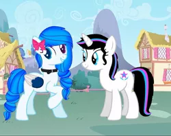 Size: 1011x800 | Tagged: safe, artist:rxndxm.artist, derpibooru import, oc, oc:shooting star, unofficial characters only, pegasus, pony, unicorn, bow, building, collar, duo, hair bow, heterochromia, horn, image, jpeg, mountain, outdoors, pegasus oc, raised hoof, smiling, two toned wings, unicorn oc, wings