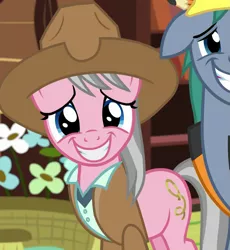 Size: 881x957 | Tagged: safe, derpibooru import, screencap, hard hat (character), wrangler, earth pony, pony, fluttershy leans in, cropped, duo, female, grin, gritted teeth, image, male, mare, nervous, nervous grin, png, smiling, stallion