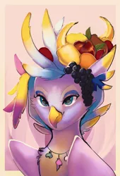 Size: 1280x1887 | Tagged: safe, artist:orfartina, derpibooru import, oc, oc:sebright, hippogriff, bust, female, fruit, image, jpeg, portrait, solo