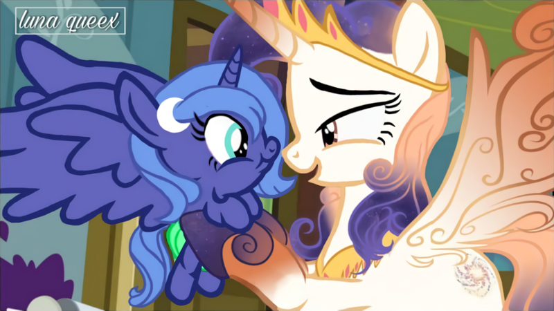 Size: 1920x1080 | Tagged: safe, artist:luna.queex, derpibooru import, edit, edited screencap, screencap, princess luna, oc, alicorn, pony, a flurry of emotions, alicorn oc, baby, baby pony, duo, ethereal mane, eyelashes, female, filly, holding a pony, horn, image, indoors, jewelry, like mother like daughter, like parent like child, mare, mother and child, mother and daughter, open mouth, png, smiling, starry mane, tiara, wings, woona, young, young luna, younger