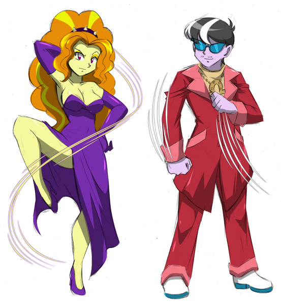 Size: 1961x2126 | Tagged: safe, artist:danmakuman, derpibooru import, adagio dazzle, ringo, equestria girls, rainbow rocks, adagringo, adoragio, armpits, breasts, busty adagio dazzle, clothes, crack shipping, cute, dress, evening gloves, female, gloves, high heels, image, long gloves, looking at you, male, medallion, png, shipping, shoes, side slit, simple background, straight, sunglasses, total sideslit, white background