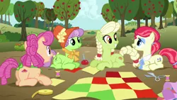 Size: 1280x720 | Tagged: safe, derpibooru import, screencap, apple rose, auntie applesauce, granny smith, sew 'n sow, earth pony, pony, apple family reunion, cutie mark, female, flashback, image, png, quilt, spanish description, young granny smith, younger