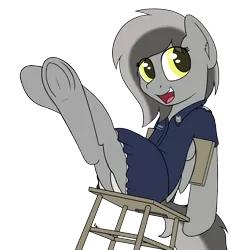 Size: 1900x1900 | Tagged: safe, artist:ponynamedmixtape, derpibooru import, oc, oc:greyscale, pegasus, pony, chair, clothes, image, panties, png, police uniform, simple background, skirt, solo, transparent background, underhoof, underwear, white underwear