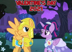 Size: 2064x1500 | Tagged: safe, anonymous artist, derpibooru import, flash sentry, twilight sparkle, twilight sparkle (alicorn), alicorn, pegasus, pony, the last problem, 2021, armor, bella notte, canterlot, clothes, coronation dress, dress, duo, female, flashlight, flower, friends, friendship, garden, hearts and hooves day, holiday, image, looking at each other, lyrics in the description, male, night, png, royal guard armor, second coronation dress, shipping, smiling, stars, straight, valentine's day, youtube link in the description