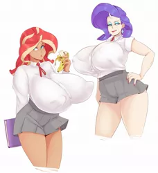 Size: 1868x2048 | Tagged: suggestive, artist:sundown, derpibooru import, rarity, sunset shimmer, human, banana, big breasts, big nipples, breasts, busty rarity, busty sunset shimmer, clothes, duo, duo female, eating, erect nipples, female, food, horn, horned humanization, huge breasts, humanized, hyper, hyper breasts, image, impossibly large breasts, jpeg, nipple outline, nipples, nudity, panties, panty shot, school uniform, simple background, skirt, torpedo tits, underwear, white background