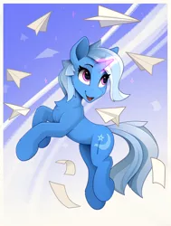 Size: 1510x1995 | Tagged: safe, artist:yakovlev-vad, derpibooru import, trixie, pony, unicorn, abstract background, chest fluff, cute, diatrixes, eye clipping through hair, eyebrows visible through hair, female, glowing horn, horn, image, magic, mare, open mouth, paper, paper airplane, png, smiling, solo, telekinesis