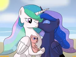 Size: 2048x1536 | Tagged: safe, artist:colorcodetheartist, derpibooru import, princess celestia, princess luna, oc, oc:prince hermes, alicorn, pony, :p, baby, baby pony, beach, cute, family, female, image, incest, kiss on the cheek, kissing, lesbian, magical lesbian spawn, male, mother and child, mother and son, offspring, parent:princess celestia, parent:princess luna, parents:princest, png, princest, product of incest, shipping, tongue out