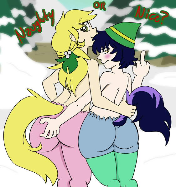 Size: 2900x3095 | Tagged: questionable, artist:/d/non, artist:gameboyadvancesp, derpibooru import, oc, oc:nightingale, oc:sunshine blossom, unofficial characters only, satyr, christmas, cousins, female, femboy, holiday, image, incest, male, parent:moonlight raven, parent:sunshine smiles, png, reverse trap