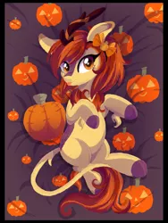 Size: 2383x3173 | Tagged: safe, artist:spookyle, derpibooru import, kirin oc, oc, oc:pumpkin spell, kirin, body pillow, chubby, cute, female, halloween, holiday, image, png, pumpkin, solo, tongue out