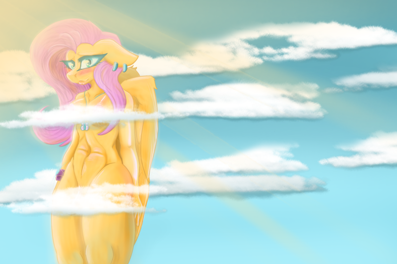 Size: 1572x1048 | Tagged: suggestive, alternate version, artist:seuchenkater, derpibooru import, fluttershy, anthro, pegasus, belly button, blushing, bracelet, breasts, busty fluttershy, cloud, covering, digital art, ear piercing, eyelashes, female, floppy ears, giantess, image, jewelry, looking at you, macro, necklace, nudity, piercing, png, sky, solo, solo female, strategically covered, thighs, wide hips, wings