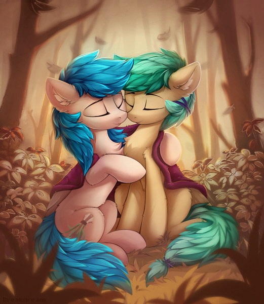 Size: 994x1145 | Tagged: safe, artist:breakdream, derpibooru import, oc, oc:keyla, oc:summer ray, unofficial characters only, pegasus, pony, blanket, cuddling, eyes closed, forest, forest background, hug, image, leaves, pegasus oc, png, tree, wings