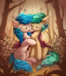 Size: 994x1145 | Tagged: safe, artist:breakdream, derpibooru import, oc, oc:keyla, oc:summer ray, unofficial characters only, pegasus, pony, blanket, cuddling, eyes closed, forest, forest background, hug, image, leaves, pegasus oc, png, tree, wings