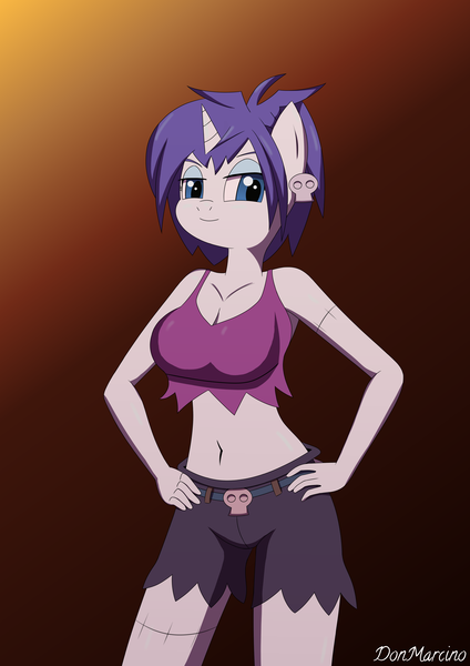 Size: 4961x7016 | Tagged: suggestive, artist:donmarcino, derpibooru import, rarity, anthro, genie, undead, unicorn, zombie, alternate hairstyle, breasts, cleavage, clothes, cosplay, costume, ear piercing, earring, female, halloween, halloween costume, holiday, horn, image, jewelry, piercing, png, rottytops, shantae, shorts, simple background, skull, solo, tanktop