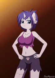Size: 4961x7016 | Tagged: suggestive, artist:donmarcino, derpibooru import, rarity, anthro, genie, undead, unicorn, zombie, alternate hairstyle, breasts, cleavage, clothes, cosplay, costume, ear piercing, earring, female, halloween, halloween costume, holiday, horn, image, jewelry, piercing, png, rottytops, shantae, shorts, simple background, skull, solo, tanktop