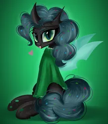 Size: 3419x3917 | Tagged: safe, artist:janelearts, derpibooru import, queen chrysalis, changeling, changeling queen, alternate hairstyle, clothes, cute, cutealis, fangs, female, green background, heart, image, open mouth, pinkie pie mane, png, simple background, sweater