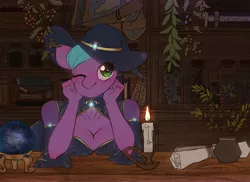 Size: 3121x2272 | Tagged: suggestive, artist:klooda, derpibooru import, oc, anthro, pony, blushing, breasts, candle, cleavage, clothes, commission, costume, cute, female, halloween, halloween costume, hat, herbs, holiday, image, leaning, leaning forward, looking at you, map, mare, one eye closed, png, pot, scroll, shop, sitting, smiling, smiling at you, solo, solo female, table, wink, winking at you, witch costume, witch hat, witchcraft, ych result