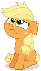 Size: 2249x3922 | Tagged: safe, alternate version, artist:cirillaq, derpibooru import, applejack, earth pony, pony, blank flank, female, filly, filly applejack, floppy ears, high res, image, png, sad, simple background, solo, transparent background, unhapplejack, vector, younger