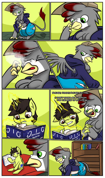 Size: 1920x3226 | Tagged: safe, artist:khaki-cap, author:bigonionbean, derpibooru import, oc, oc:khaki-cap, oc:tommy the human, alicorn, gryphon, pony, comic:magical mishaps, adopted, alicorn oc, book, bookshelf, cap, child, clothes, colt, commissioner:bigonionbean, cutie mark, dialogue, furniture, griffon oc, griffonized, hat, hoodie, horn, house, image, jean thicc, jeans, jpeg, magic, male, pants, smoke, snorting, species swap, steam, tail, torn clothes, transformation, uncle and nephew, wings