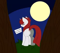 Size: 3023x2663 | Tagged: safe, artist:sundayrain, derpibooru import, oc, oc:revy(theunidentifiedchangeling), unofficial characters only, pony, unicorn, butt, dialogue, flank, forest, forest background, image, looking at you, looking back, looking back at you, moon, night, plot, png, simple coloring, solo, speech bubble, tree