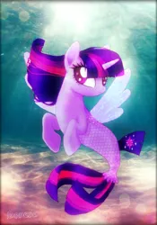 Size: 1386x1976 | Tagged: safe, artist:snufi1000, derpibooru import, twilight sparkle, twilight sparkle (alicorn), alicorn, pony, seapony (g4), bubble, clothes, crepuscular rays, deviantart watermark, dorsal fin, female, fin wings, fish tail, flowing mane, flowing tail, horn, image, jpeg, obtrusive watermark, ocean, purple eyes, seaponified, seapony twilight, see-through, solo, species swap, sunlight, tail, underwater, water, watermark, wings