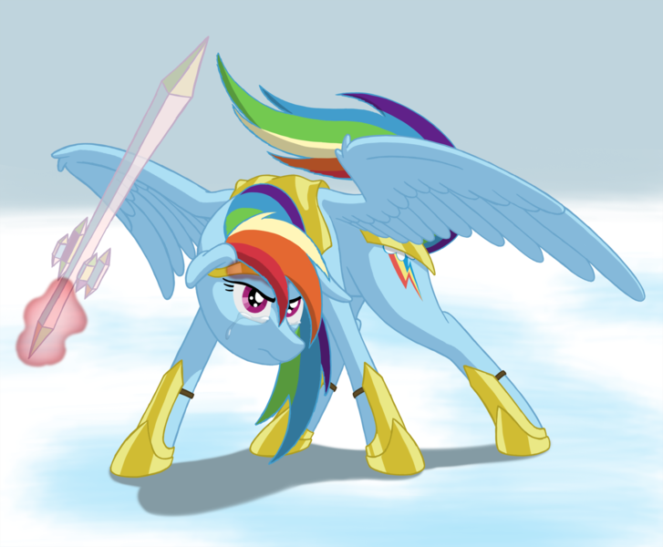 Size: 1920x1584 | Tagged: safe, alternate version, artist:nebulastar985, derpibooru import, rainbow dash, pegasus, pony, fanfic:midnight star, armor, crying, female, glow, hoof shoes, image, magic, mare, png, snow, solo, sword, telekinesis, weapon