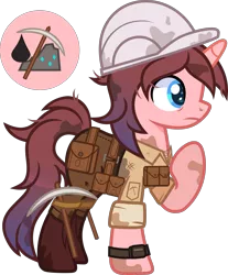 Size: 3500x4218 | Tagged: safe, alternate version, artist:n0kkun, derpibooru import, oc, oc:black ore, unofficial characters only, pony, unicorn, bag, belt, boots, clothes, dirt, female, hard hat, helmet, image, jeans, mare, pants, pickaxe, png, pouch, raised hoof, saddle bag, shirt, shoes, simple background, solo, transparent background, watch, wristwatch