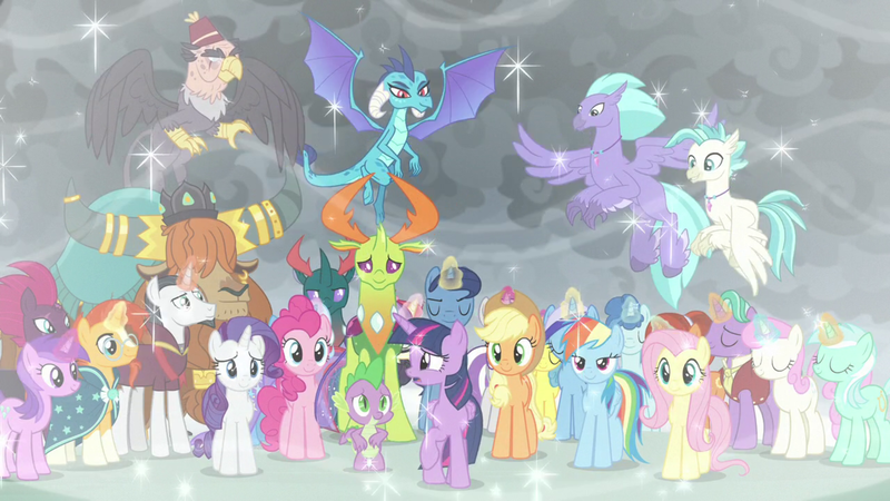 Size: 1920x1080 | Tagged: safe, derpibooru import, screencap, amethyst star, applejack, chancellor neighsay, firelight, fluttershy, grampa gruff, lemon hearts, lyra heartstrings, minuette, moondancer, night light, party favor, pharynx, pinkie pie, prince rutherford, princess ember, rainbow dash, rarity, seaspray, spike, stellar flare, sunburst, tempest shadow, terramar, thorax, trixie, twilight sparkle, twilight sparkle (alicorn), twilight velvet, twinkleshine, alicorn, changedling, changeling, classical hippogriff, dragon, earth pony, gryphon, hippogriff, pony, yak, the ending of the end, dragoness, female, force field, glowing horn, horn, image, king thorax, magic, male, mane seven, mane six, mare, png, prince pharynx, stallion, winged spike