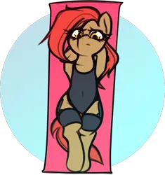Size: 1442x1537 | Tagged: safe, artist:jetwave, derpibooru import, oc, oc:dala vault, unofficial characters only, earth pony, pony, belly button, clothes, earth pony oc, female, frown, image, leotard, lying down, mare, on back, png, simple background, solo, thigh bands, thigh gap, transparent background, yoga mat