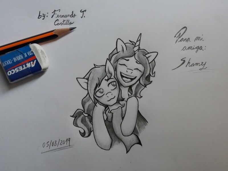 Size: 1080x810 | Tagged: safe, artist:fernandojc-draftsman, derpibooru import, oc, unofficial characters only, pony, unicorn, bust, clothes, duo, eraser, eyes closed, grayscale, horn, image, jpeg, monochrome, signature, smiling, traditional art, unicorn oc