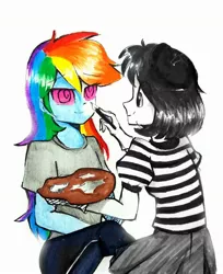 Size: 2154x2646 | Tagged: safe, artist:liaaqila, derpibooru import, rainbow dash, oc, oc:isabelle incraft, oc:izzy, equestria girls, beret, clothes, face paint, gloves, hat, heart, hypno eyes, hypnosis, hypnotized, image, jpeg, limited color, limited palette, mime, monochrome, paint, paint palette, palette, sitting, skirt, swirly eyes, traditional art