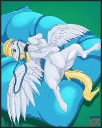 Size: 1200x1500 | Tagged: suggestive, artist:swiftriff, derpibooru import, oc, oc:cutting chipset, pegasus, pony, chest fluff, collar, commission, image, leash, looking at you, male, mouth hold, pet play, pillow, png, solo, stallion, sultry pose