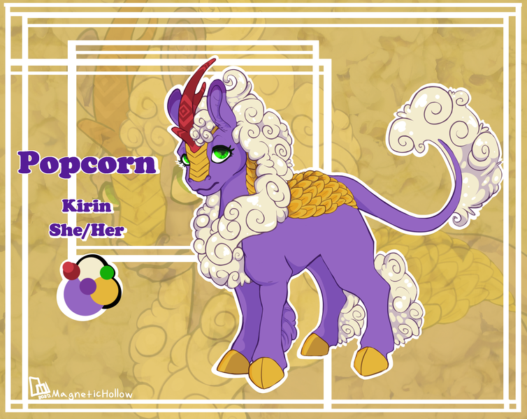 Size: 3612x2876 | Tagged: safe, artist:magnetichollow, derpibooru import, kirin oc, oc, oc:popcorn the kirin, kirin, cloven hooves, colored, curly mane, image, png, reference sheet, scales, solo