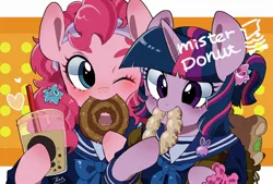 Size: 1920x1300 | Tagged: safe, artist:potetecyu_to, derpibooru import, pinkie pie, twilight sparkle, earth pony, pony, semi-anthro, unicorn, clothes, cute, diapinkes, donut, duo, female, food, image, jpeg, mare, milk tea, one eye closed, school uniform, twiabetes