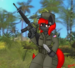 Size: 2961x2700 | Tagged: safe, artist:ryanthecone, derpibooru import, oc, oc:ryanthecone, anthro, earth pony, assault rifle, curvy, gun, image, knife, m16, no trigger discipline, png, rifle, soldier, thick, us army, vietnam war, weapon