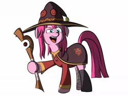 Size: 1080x810 | Tagged: safe, derpibooru import, pinkie pie, earth pony, pony, floppy ears, hat, image, jpeg, konosuba, megumin, open mouth, pinkamena diane pie, solo, staff, wizard, wizard hat