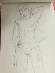 Size: 1488x1984 | Tagged: safe, artist:beyond_inside, derpibooru import, big macintosh, human, abs, arm behind head, armpits, clothes, humanized, image, jpeg, male, pants, partial nudity, signature, solo, topless, traditional art