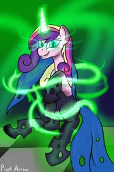 Size: 1000x1500 | Tagged: safe, artist:pixelarrow, derpibooru import, princess cadance, queen chrysalis, changeling, pony, disguise, disguised changeling, evil grin, fake cadance, female, glowing eyes, glowing horn, grin, horn, image, png, shapeshifting, smiling, transformation