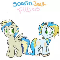 Size: 2000x2000 | Tagged: safe, artist:lejose, derpibooru import, oc, unofficial characters only, earth pony, pegasus, pony, blank flank, duo, female, filly, freckles, handkerchief, image, jpeg, offspring, parent:applejack, parent:soarin', parents:soarinjack, simple background, white background