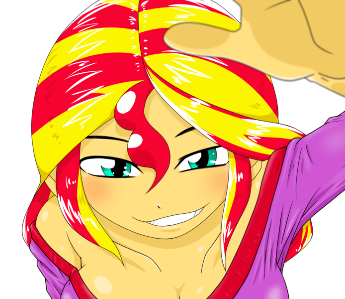 Size: 1480x1280 | Tagged: safe, artist:batipin, derpibooru import, sunset shimmer, equestria girls, breasts, busty sunset shimmer, cleavage, image, looking at you, png, simple background, smiling, solo, transparent background